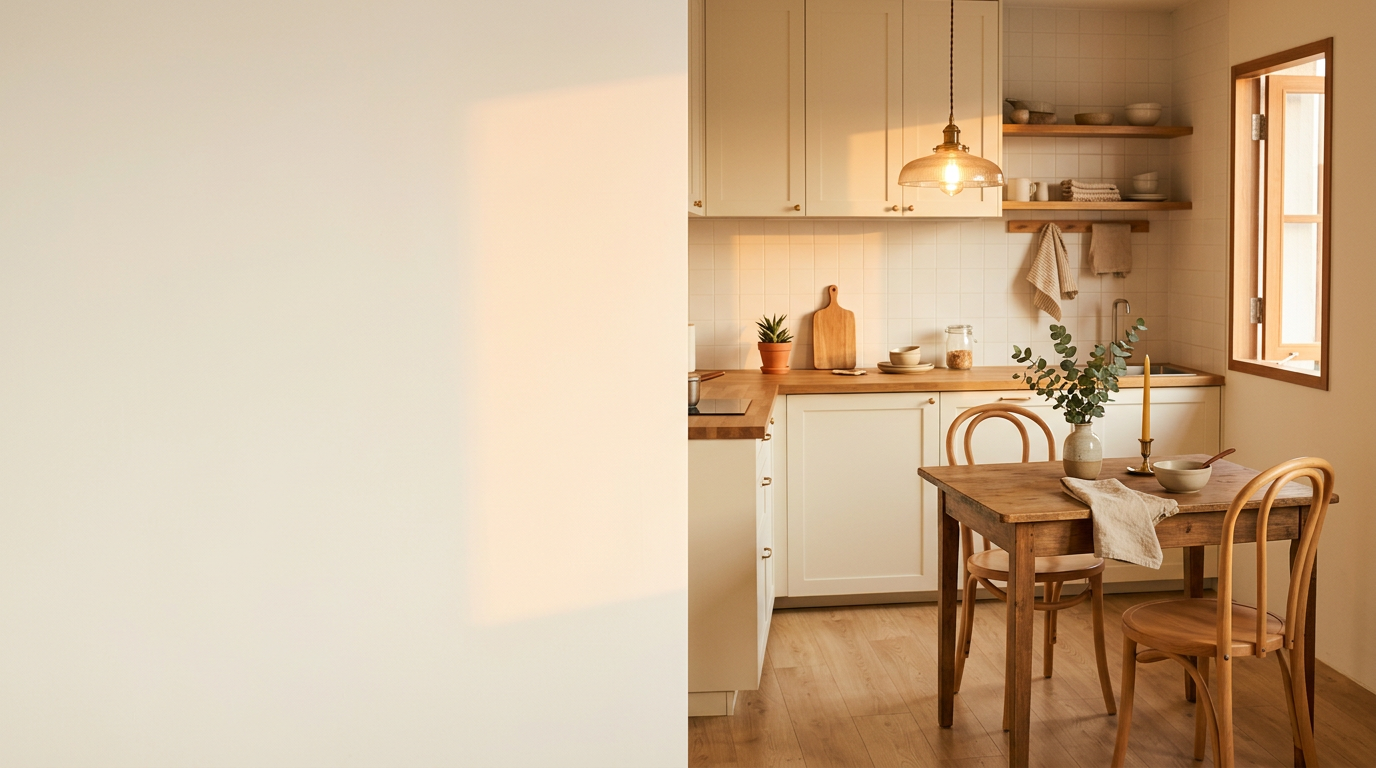 小宅新家黃昏餐桌暖光，與我們聯絡開始你的裝修